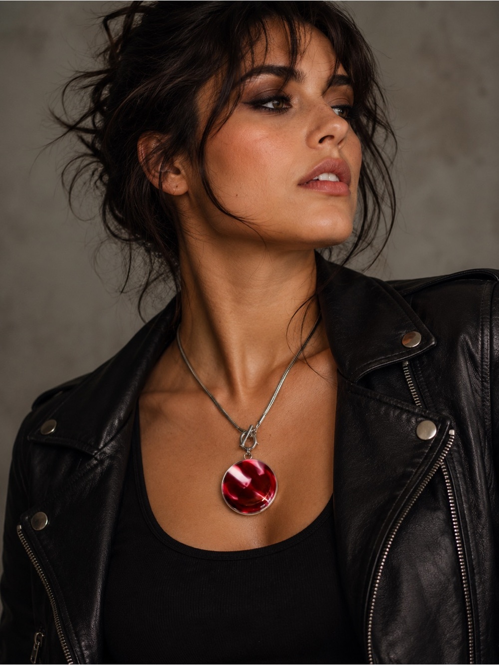 Red Lucite Disc Pendant Necklace Silver Tone Statement Jewelry